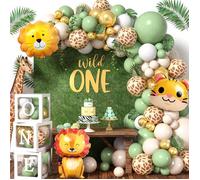 Déco Anniversaire 1 An Thème Jungle Safari avec Animaux - Arche Ballon Alu & Boîte à Ballons Verte - Pour Garçons et Filles