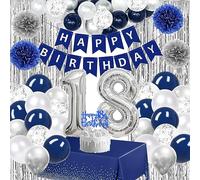 Deco Anniversaire 18 Ans Garcon, Ballon 18 Ans Anniversaire Bleu Marin Argenté Ddecoration Anniversaire 18 Ans Nappe pour Table Rectangle Rideau de Pluie Joyeux Anniversaire 18 Ballon Décoration