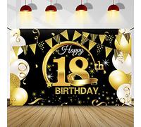 Deco Anniversaire 18 Ans Noir Or, Banderole Anniversaire 18 Ans, Bannières de Joyeux Anniversaire, Anniversaire 18 Ans Décoration de Fête Porche Signe Bannière Toile pour Maison Mur Garcon Fille