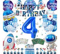 Déco Anniversaire Espace 4 Ans, Ballons Bannière Décoration Gâteau | Ballon chiffre 4 40 pouces, ballons espace, bannière Happy Birthday, latex, tatouages lumineux, décoration gâteau