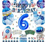 Déco Anniversaire Espace 6 Ans, Ballons Bannière Décoration Gâteau | Ballon chiffre 6 40 pouces, ballons espace, bannière Happy Birthday, latex, tatouages lumineux, décoration gâteau