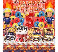 Deco Anniversaire Pompier 5 Ans, Thème Fête Décoration, Ballon Hélium, Vaisselle Kit avec Nappe Assiette, Bannière Camion Pompier, Gâteau Topper
