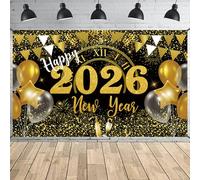 Deco Bannières Nouvel An 2026, Toile de Fond Tissu Extra Large Noir Or pour le Réveillon du New Year's Eve, 72 x 44 Pouces Poster de Fond pour Photomaton pour les Accessoires de Fête du Année