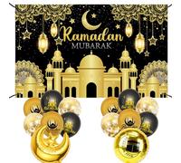 Deco Bannières Umrah Mubarak,180 x 110cm Grande Bannière Musulmane Ramadan Kareem avec 14 Ramadan Stars et Moon Balloon pour Islamic Muslim Omra Mubarak Party Supplies Decoration (Noir Doré)