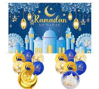 Deco Bannières Umrah Mubarak,180 x 110cm Grande Bannière Musulmane Ramadan Kareem avec 14 Ramadan Stars et Moon Balloon pour Islamic Muslim Omra Mubarak Party Supplies Decoration (Bleu)