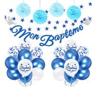 Déco Baptême Garçon Bleu avec Ballon Confettis - Guirlande Étoiles 4 m et Pompons Papier de Soie | Pour Baby Shower/Communion