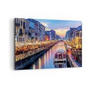 Deco Cadre Décoration Salon Canal Grande Soir Moderne Impression sur Toile 120x80cm Image Tableau Decoration Murale Chambre Cuisine Horizontal Art Wall Grand Tableaux Decoratifs Muraux AA120x80-4331