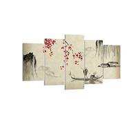 Deco Cadre Décoration Salon Fleur Cerises Japon Moderne Impression sur Toile 160x85cm Image Tableau Decoration Murale Chambre Triptyque 5 parties Art Wall Tableaux Decoratifs Muraux EA160x85-5020