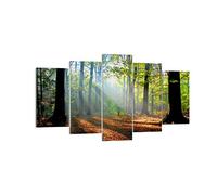 Deco Cadre Décoration Salon Forêt Feuilles Soleil Moderne Impression sur Toile 160x85cm Image Tableau Decoration Murale Chambre Triptyque 5 parties Art Wall Tableaux Decoratifs Muraux EA160x85-0136