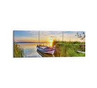 Deco Cadre Décoration Salon lac bateau eau Moderne Impression sur Toile 150x50cm Image Tableau Decoration Murale Chambre Triptyque 3 parties Art Wall Grand Tableaux Decoratifs Muraux CA150x50-3950