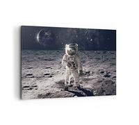 Deco Cadre Décoration Salon Lune Terre Astronaute Moderne Impression sur Toile 120x80cm Image Tableau Decoration Murale Chambre Horizontal Art Wall Grand Tableaux Decoratifs Muraux AA120x80-4882