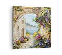 Deco Cadre Décoration Salon Maison Santorini Fleurs Moderne Impression sur Toile 50x50cm Image Tableau Decoration Murale Chambre Cuisine Carré Art Wall Decor Tableaux Decoratifs Muraux AC50x50-4191