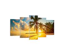 Deco Cadre Décoration Salon mer plage palmier Moderne Impression sur Toile 160x85cm Image Tableau Decoration Murale Chambre Triptyque 5 parties Art Wall Grand Tableaux Decoratifs Muraux EA160x85-3922