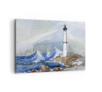 Deco Cadre Décoration Salon Phare Eau Illustration vague Moderne Impression sur Toile 120x80cm Image Tableau Decoration Murale Chambre Horizontal Art Wall Tableaux Decoratifs Muraux AA120x80-2997