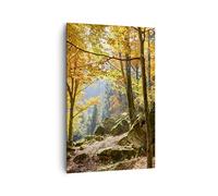 Deco Cadre Salon Automne montagne forêt nature Moderne Impression sur Toile 80x120cm Image Tableau Decoration Murale Chambre Cuisine Vertical Art Wall Grand Tableaux Decoratifs Muraux PA80x120-2713