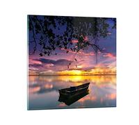 Deco Cadre Salon Bateau Coucher de soleil Lac Ciel Moderne Impression sur Verre 50x50cm Image Tableau en Verre Decoration Murale Chambre Carré Art Petit Tableaux Decoratifs Muraux GAC50x50-2967