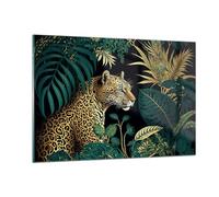 Deco Cadre Salon Léopard Jungle Tropical Moderne Impression sur Verre 120x80cm Image Tableau en Verre Decoration Murale Chambre Horizontal Art Grand XXL Tableaux Decoratifs Muraux GAA120x80-5720