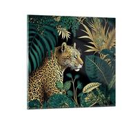 Deco Cadre Salon Léopard Jungle Tropical Moderne Impression sur Verre 50x50cm Image Tableau en Verre Decoration Murale Chambre Cuisine Carré Art Wall Petit Tableaux Decoratifs Muraux GAC50x50-5720