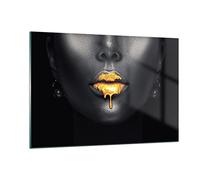 Deco Cadre Salon Or Bouche Noir Moderne Impression sur Verre 120x80cm Image Tableau en Verre Decoration Murale Chambre Cuisine Horizontal Art Wall Grand XXL Tableaux Decoratifs Muraux GAA120x80-4460