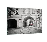 Deco Cadre Salon Tchèque Tramway Prague Moderne Impression sur Verre 120x80cm Image Tableau en Verre Decoration Murale Chambre Horizontal Art Grand XXL Tableaux Decoratifs Muraux GAA120x80-4193