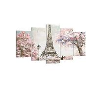 Deco Décoration Salon Arbres Eiffle Couple France Moderne Impression sur Toile 160x85cm Image Tableau Decoration Murale Chambre Triptyque 5 parties Art Wall Tableaux Decoratifs Muraux EA160x85-3147