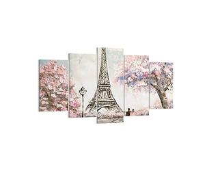 Deco Décoration Salon Arbres Eiffle Couple France Moderne Impression sur Toile 160x85cm Image Tableau Decoration Murale Chambre Triptyque 5 parties Art Wall Tableaux Decoratifs Muraux EA160x85-3147