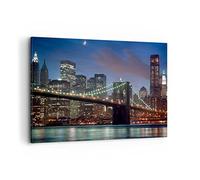 Deco Décoration Salon Brooklyn Bridge nuit New York City Moderne Impression sur Toile 120x80cm Image Tableau Decoration Murale Chambre Horizontal Art Wall Tableaux Decoratifs Muraux AA120x80-0512