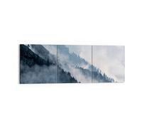 Deco Décoration Salon Montagnes Brouillard Arbres Moderne Impression sur Toile 150x50cm Image Tableau Decoration Murale Chambre Triptyque 3 parties Art Wall Tableaux Decoratifs Muraux CA150x50-4429