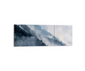 Deco Décoration Salon Montagnes Brouillard Arbres Moderne Impression sur Toile 150x50cm Image Tableau Decoration Murale Chambre Triptyque 3 parties Art Wall Tableaux Decoratifs Muraux CA150x50-4429