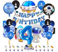 Deco Espace Anniversaire avec Ballons Astronaute Fusee, Bannière Happy Birthday et Décoration Gâteau pour Fête Enfant 4 Ans