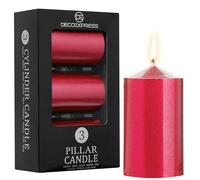 DECO EXPRESS Lot Bougies Piliers de 3, Bougie Longue Durée de Combustion de 30 Heures, Sans Parfum, Gamme Métallique (Rouge métallique - Lot de 3)
