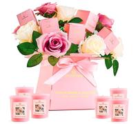 DECO EXPRESS Rose Bougie Parfumées et Bouquet de Fleurs Artificielles, 10 Fleur Artificielle et Lot de 6 Bougies Longue Durée 6 H, Coffret Cadeau Femme, Saint Valentin et Fetes des Mères (Rose/Blanc)