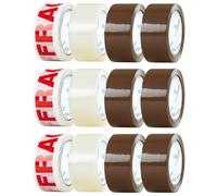 DECO EXPRESS Ruban Adhésif d'Emballage Kit 12 Rouleaux Rubans Adhésifs Marron Transparent Fragile pour Cartons Déménagement et Colis 48 mm x 50 m (Mix 12 rouleaux)