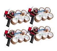 DECO EXPRESS Ruban Adhésif d'Emballage Kit Dévidoir et 6 Rouleaux Rubans Adhésifs Marron Transparent Fragile pour Cartons Déménagement et Colis (Dévidoir Pistolet 6 Rouleaux Brun, Lot de 4)