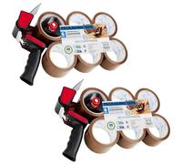 DECO EXPRESS Ruban Adhésif d'Emballage Kit Dévidoir et 6 Rouleaux Rubans Adhésifs Marron Transparent Fragile pour Cartons Déménagement et Colis (Dévidoir Pistolet 6 Rouleaux Brun, Lot de 2)