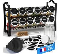 Deco haus® Étagère à Épices & Bocaux - Rangement et Organisation de Cuisine & Maison - Métal, 2 Niveaux - 12 Pots 48 Étiquettes 1 Brosse 1 Entonnoir - Autoportante/Murale - Noire