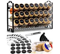 Deco haus® Étagère à Épices & Bocaux - Rangement et Organisation de Cuisine & Maison - Métal, 3 Niveaux - 24 Pots 48 Étiquettes 1 Brosse 1 Entonnoir & Crochets - Autoportante/Murale - Noire