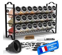 Deco haus® Étagère à Épices & Bocaux - Rangement et Organisation de Cuisine & Maison - Métal, 3 Niveaux - 24 Pots 48 Étiquettes 1 Brosse 1 Entonnoir & Crochets - Autoportante/Murale - Noire