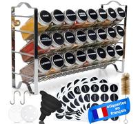 Deco haus® Étagère à Épices & Bocaux - Rangement et Organisation de Cuisine & Maison - Métal, 3 Niveaux - 24 Pots 48 Étiquettes 1 Brosse 1 Entonnoir & Crochets - Autoportante/Murale - Chromée