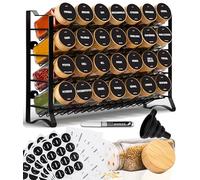 Deco haus Étagère à épices - Support mural à 4 niveaux avec 28 bocaux en verre, étiquettes et accessoires - Noir