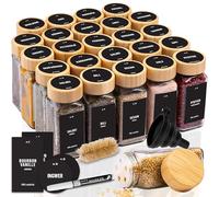 Deco haus® Lot de 24 Bocaux à Épices Carrés Hermétiques [avec Étiquettes & Saupoudreur] - Bocaux en Verre - Pot a Epices en Verre et Bois, Spice Jars - Récipients d'Épices - Pot a Epice