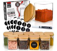 Deco haus® Pots à Épices Carrés Hermétiques, Set de 10-160ml [avec Étiquettes] - Bocaux en Verre - Pot a Epices en Verre et Bois, Spice Jars - Récipients d'Épices - Conteneurs pour Épices