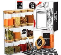 Deco haus® Pots à Épices Carrés Hermétiques, Set de 12-280ml [avec Étiquettes] - Bocaux en Verre - Pot a Epices en Verre et Bois, Spice Jars - Récipients d'Épices - Conteneurs pour Épices
