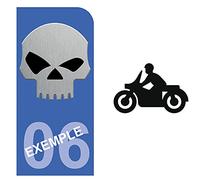 DECO-IDEES 1 Sticker pour Plaque d'immatriculation Moto Skull, Fond Bleu, avec Votre N° de département - Sticker Garanti 5 Ans