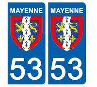 DECO-IDEES 2 Stickers pour Plaque d'immatriculation - 53 - Blason MAYENNE- Stickers Garanti 5 Ans