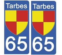 DECO-IDEES 2 Stickers pour Plaque d'immatriculation, 65 TARBES, Hautes Pyrénées, Région OCCITANIE - Stickers Garanti 5 Ans
