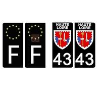 DECO-IDEES 43 Haute Loire, Noir - Set de 4 Stickers pour Plaque immatriculation Auto - Stickers Garantis 5 Ans