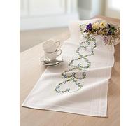 DECO-LINE Kit de broderie pour chemin de table imprimé avec fleurs bleues et cœurs 40 x 100 cm