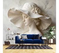 Déco Murale Papier Peint Mural Intissé 3D En Relief Représentant Une Femme De Profil Avec Un Élégant Camélia Et Un Chapeau Orné D'Une Sculpture En Plâtre Idéal Pour La Décoration De Votre