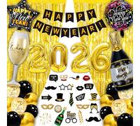Deco Nouvel An 2026, 58 Pcs Decoration Jour de L'An 2026, Ballons 2026 Géants (32 Pouces), Happy New Year Bannière, Rideaux de Frange, Ballons, Nappe de Fête, Diadèmes, Lunettes, Chapeau de Fête